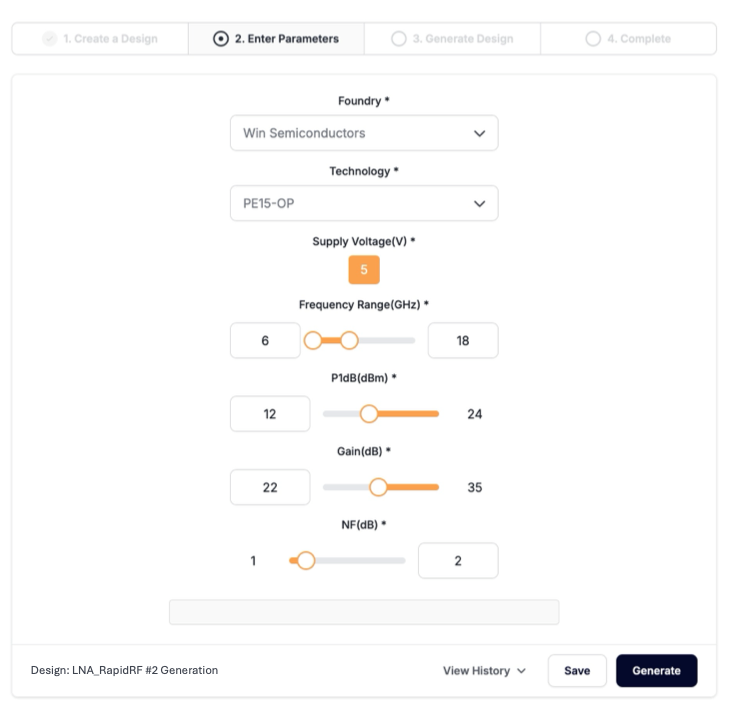 Define your RFIC specifications in the RapidRF web interface